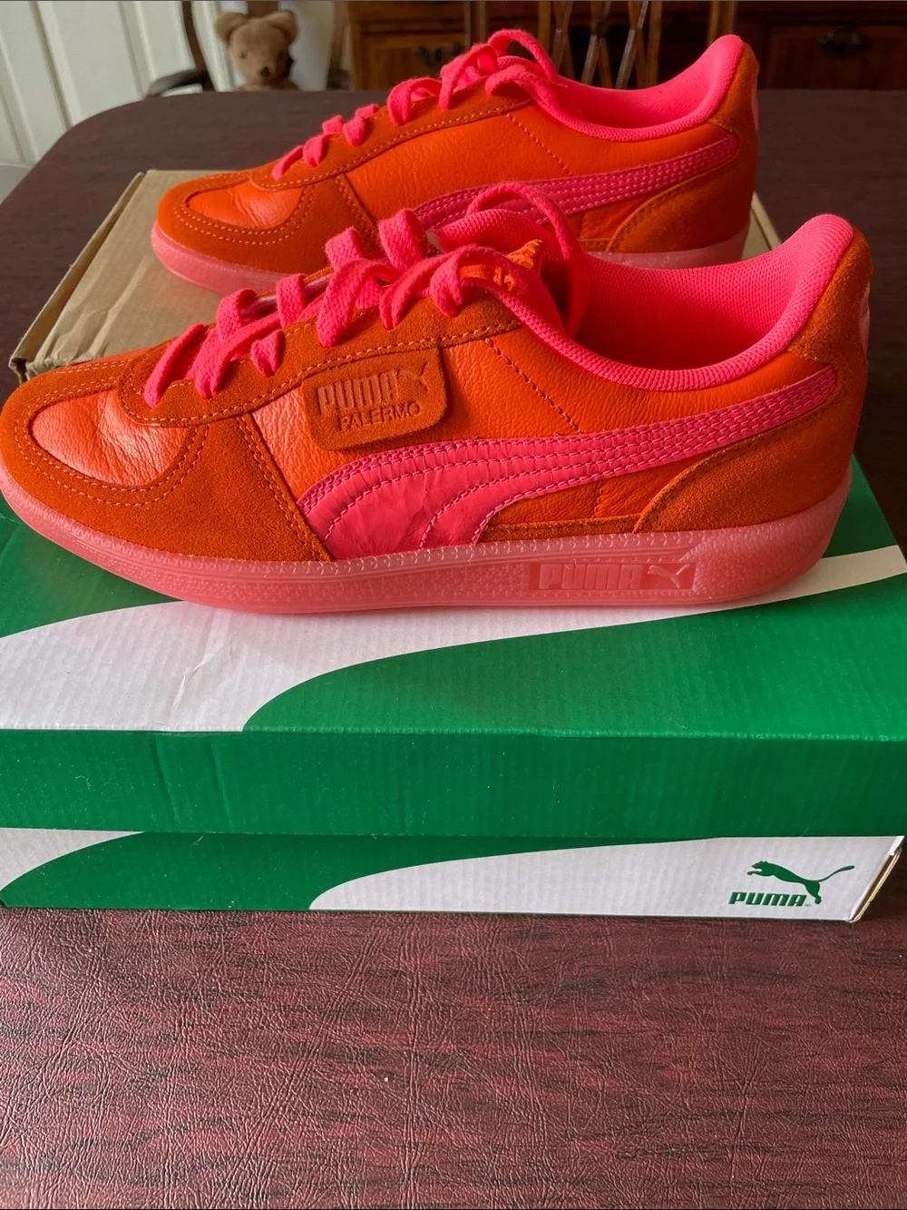 Puma Orange and Pink Low-Top Suede & Leather Sneakers with neon pink laces